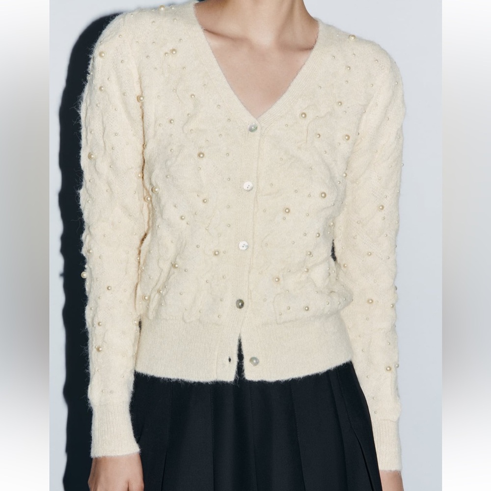 Zara PEARL TEXTURED KNIT CARDIGAN | COLOR: ECRU | SIZE: M | BRAND NEW - Picture 4 of 9
